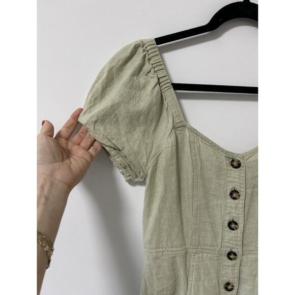 Madewell Linen Milkmaid Dress Full Button Puff Sleeves Green Size 2 Womens Boho - Picture 2 of 8